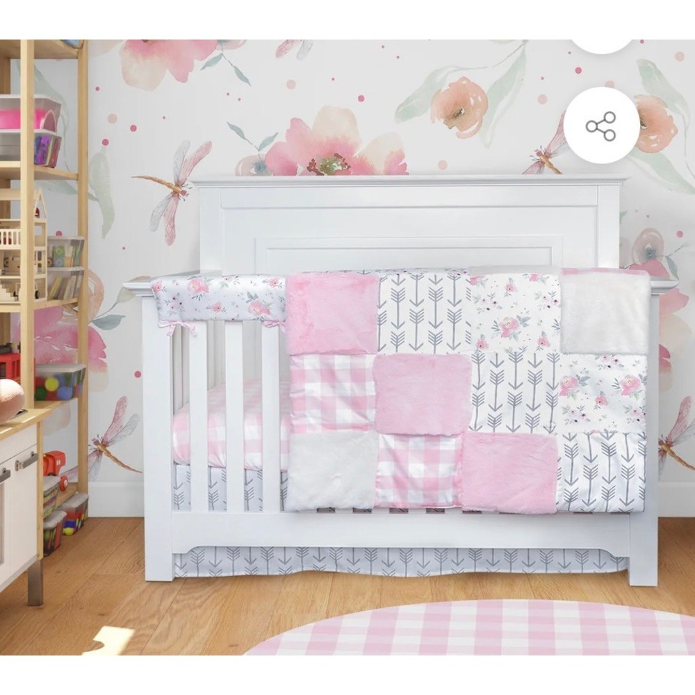 Jlika Pink Plaid Floral Patchwork Crib Quilt Blanket Faux Fur Arrows Gingham